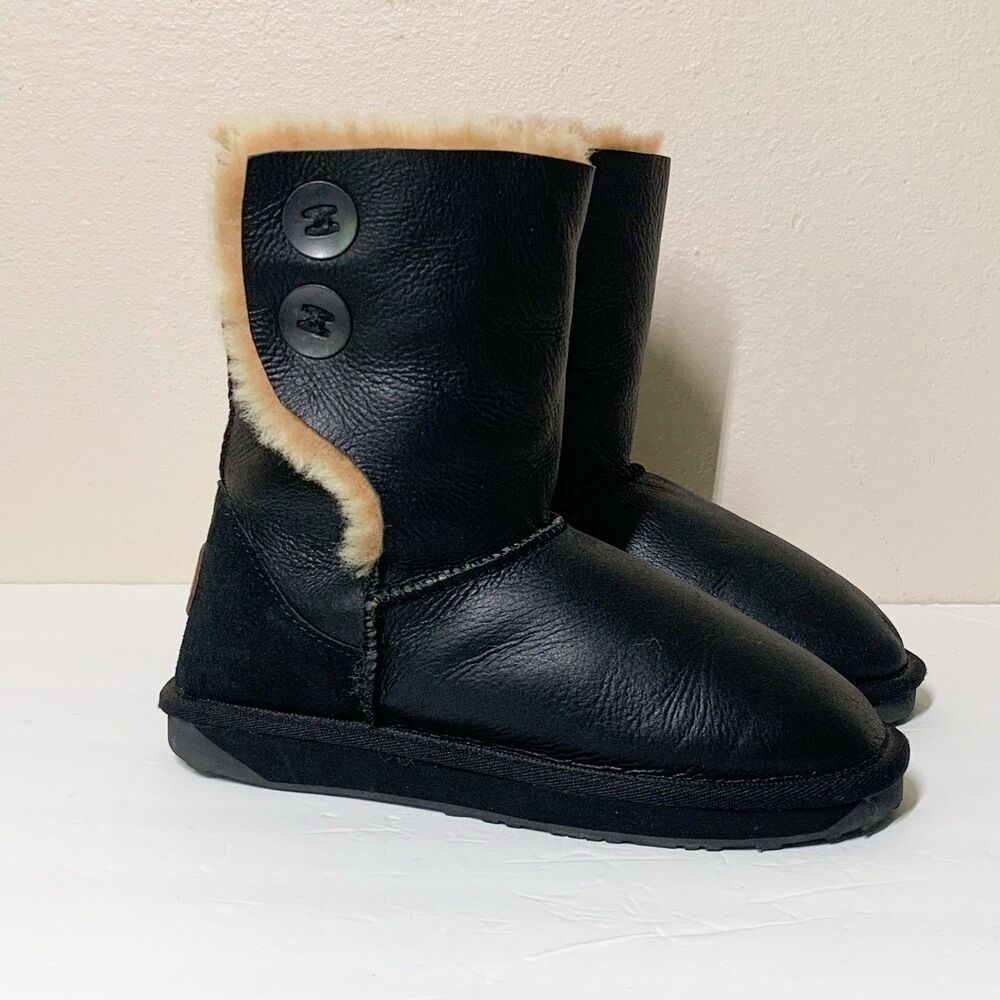 Emu Australia Black Leather Shearling Boots Women's 7 Pebbled Suede Buttons